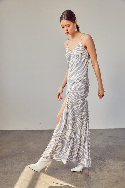 Front Slit Zebra Slip Maxi Dress