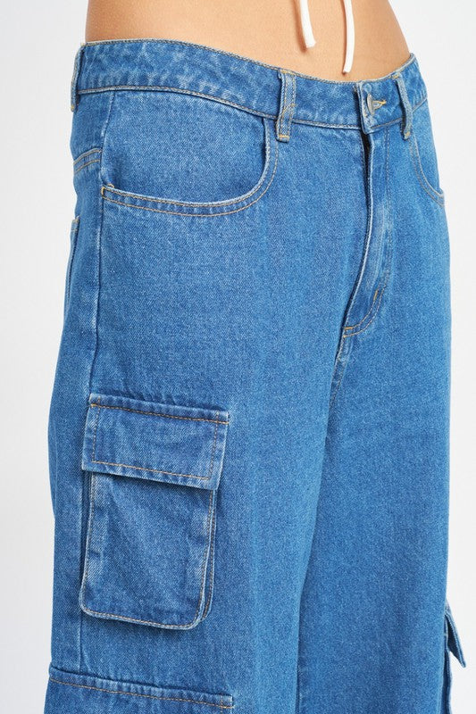 Wide Leg Denim Pants W/ Pockets