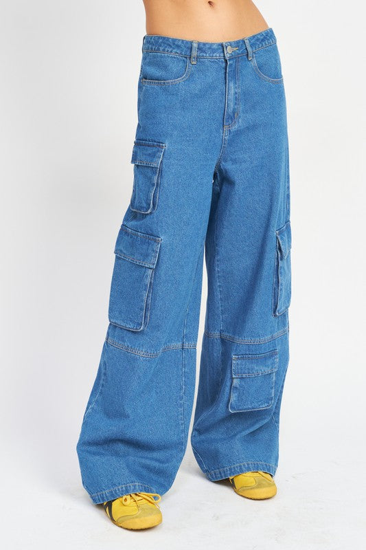 Wide Leg Denim Pants W/ Pockets