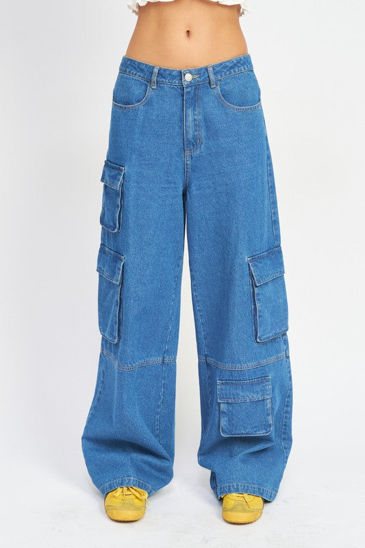 Wide Leg Denim Pants W/ Pockets