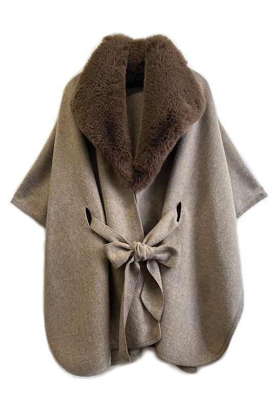Faux Fur Collar Belted Kimono
